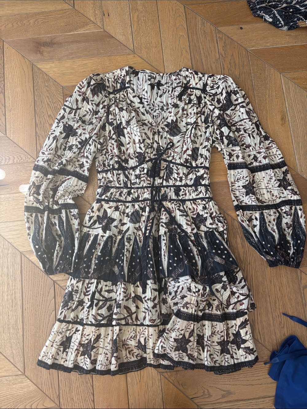 Ulla Johnson Black and Ivory Floral Tiered Long-Sleeve Mini Dress